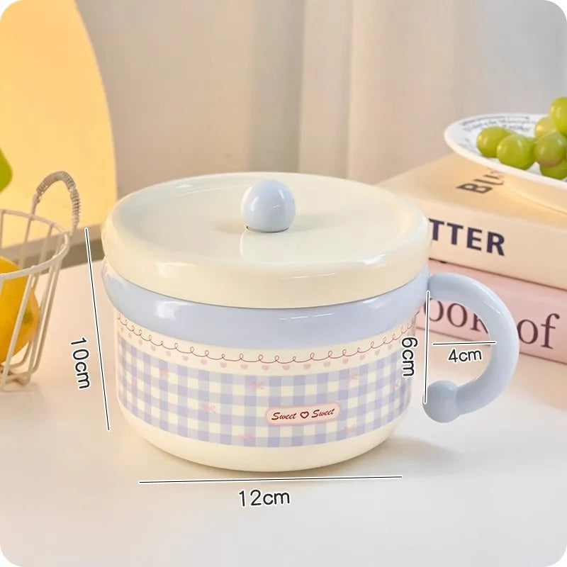 Kawaii Pastel Gingham Ramen Bowl With Lid