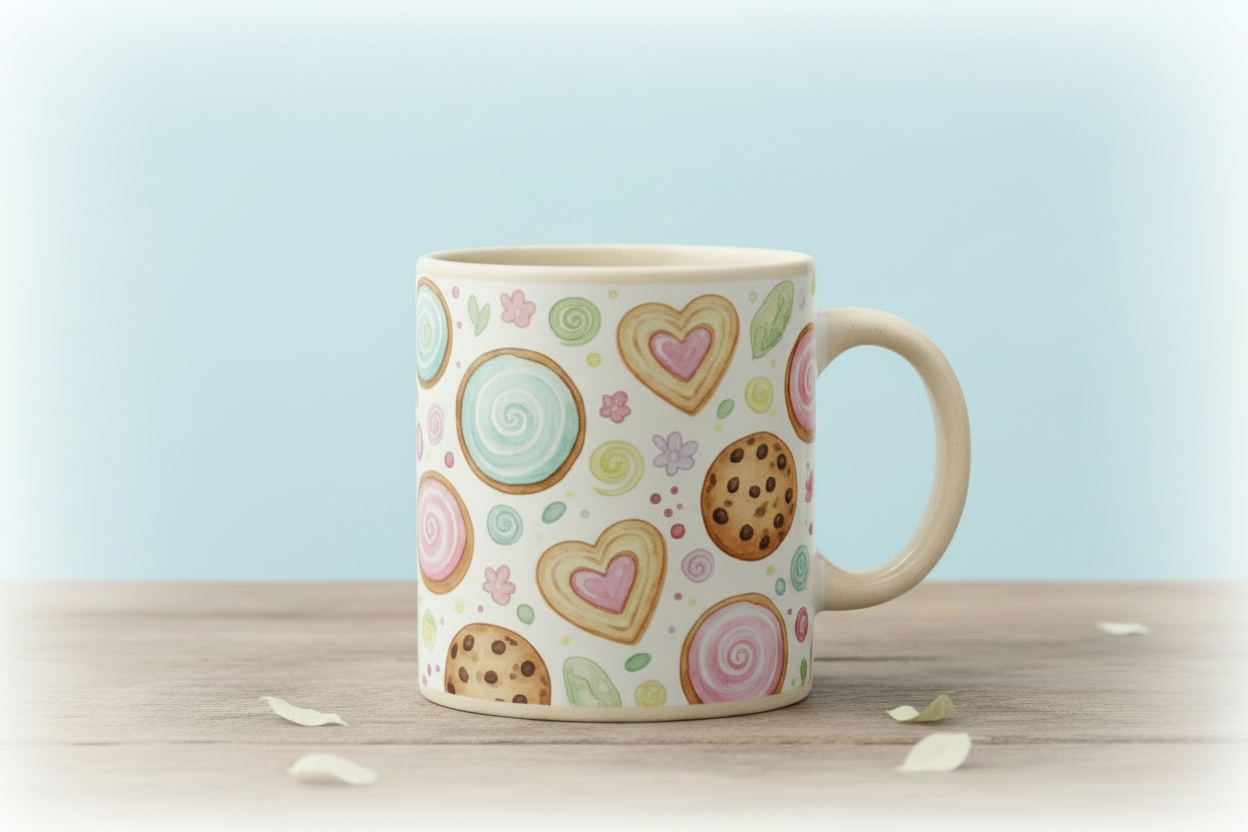 Coffee Mug with Cookies on Pastel Blue Background