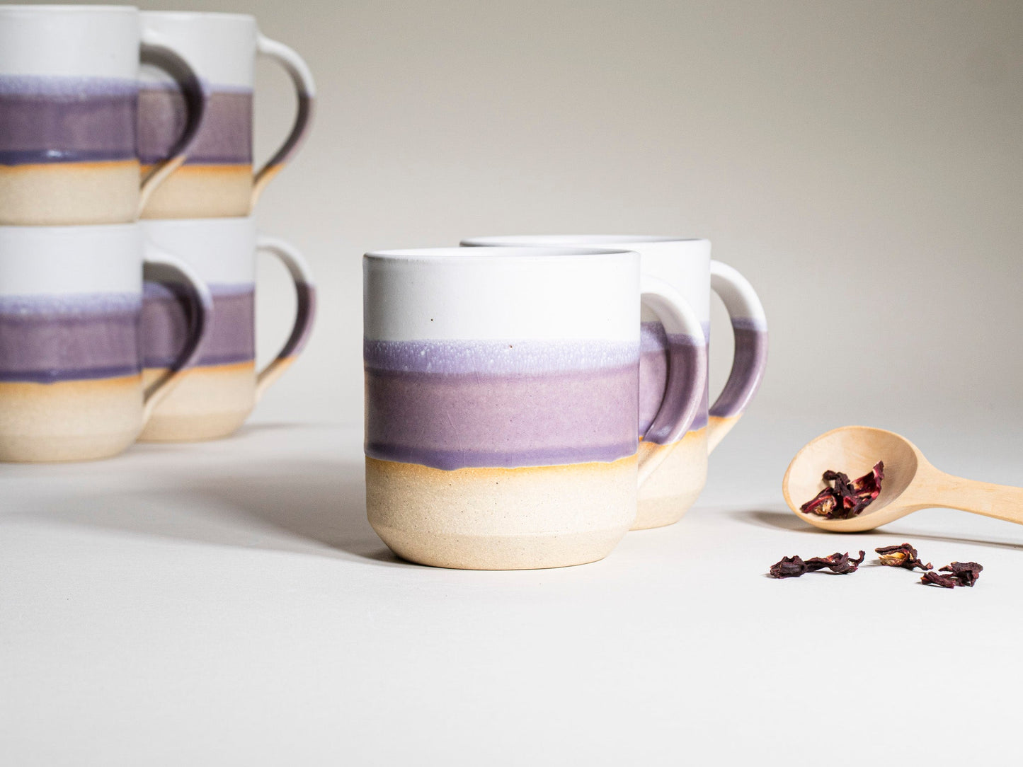 Ceramic Coffee Tea Mug with Handle Purple White 14 oz Stoneware