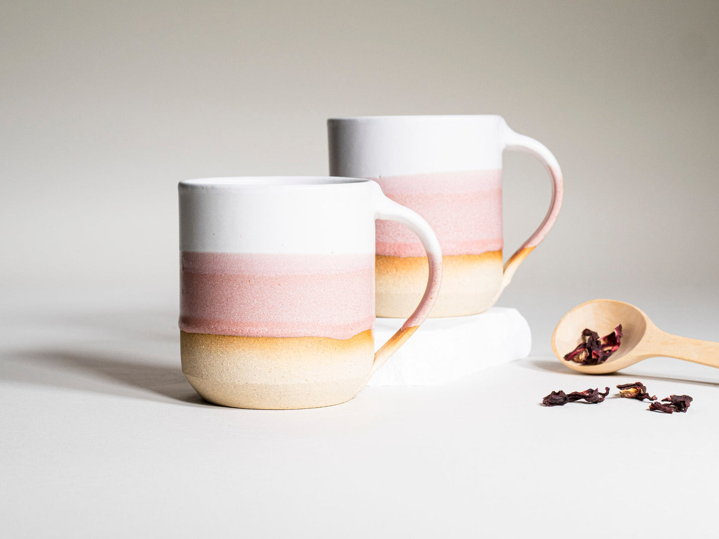 Ceramic Coffee Tea Mug with Handle Pink White 14 oz Stoneware