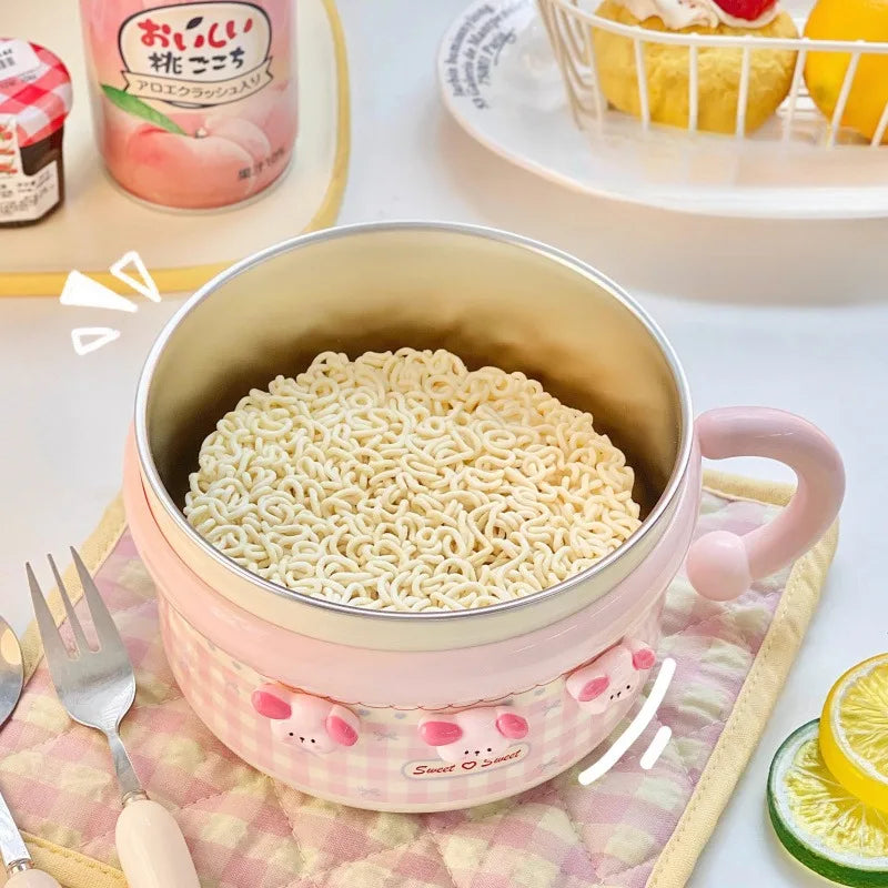 Kawaii Pastel Gingham Ramen Bowl With Lid