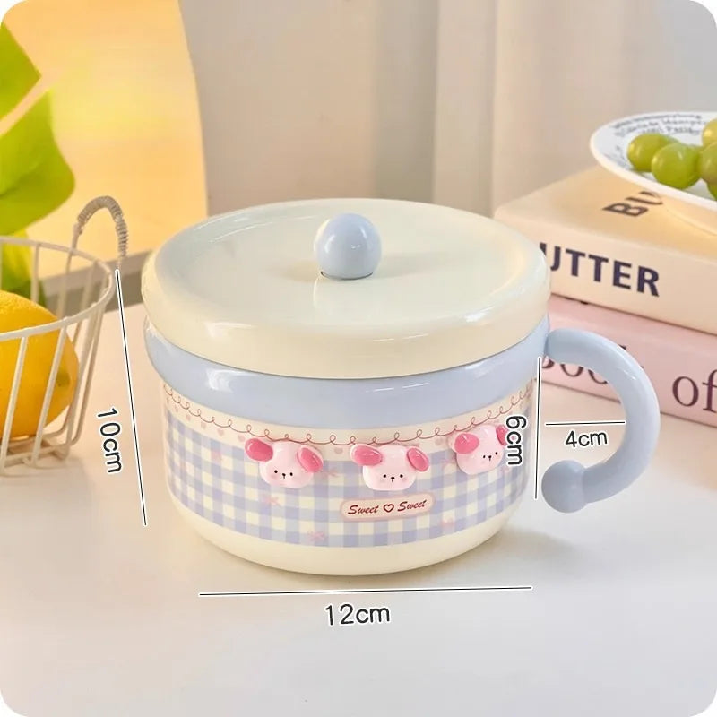 Kawaii Pastel Gingham Ramen Bowl With Lid