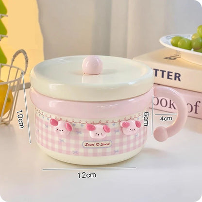 Kawaii Pastel Gingham Ramen Bowl With Lid