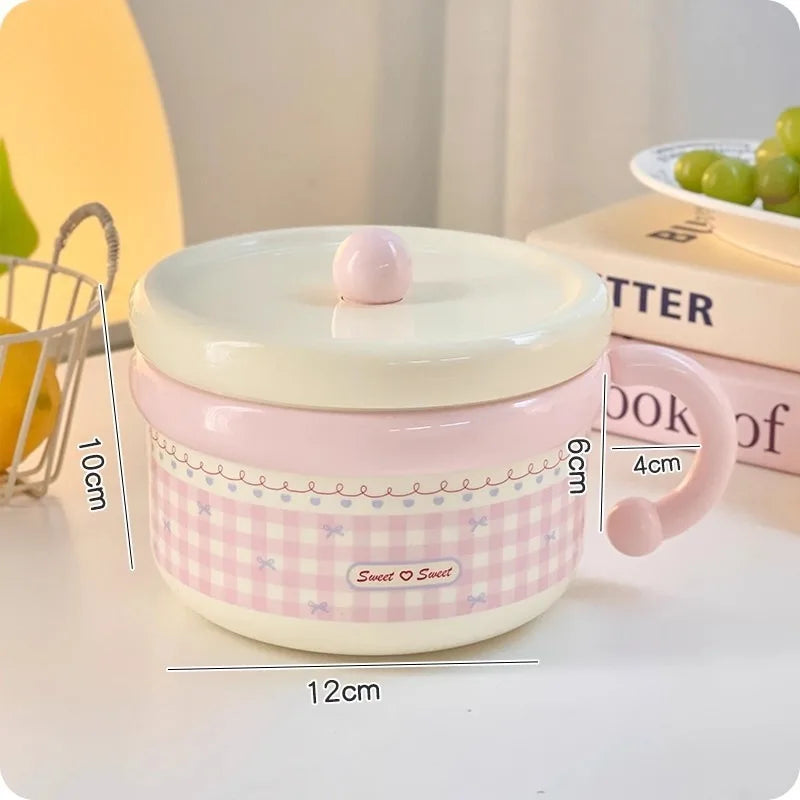 Kawaii Pastel Gingham Ramen Bowl With Lid