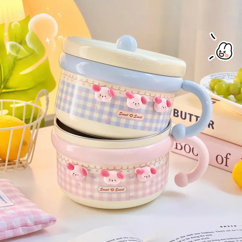 Kawaii Pastel Gingham Ramen Bowl With Lid